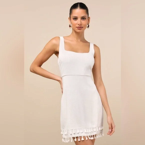 NEW Lulus Feel the Sunshine Light Beige Linen Tassel Mini Dress SZ SMALL - Picture 2 of 7
